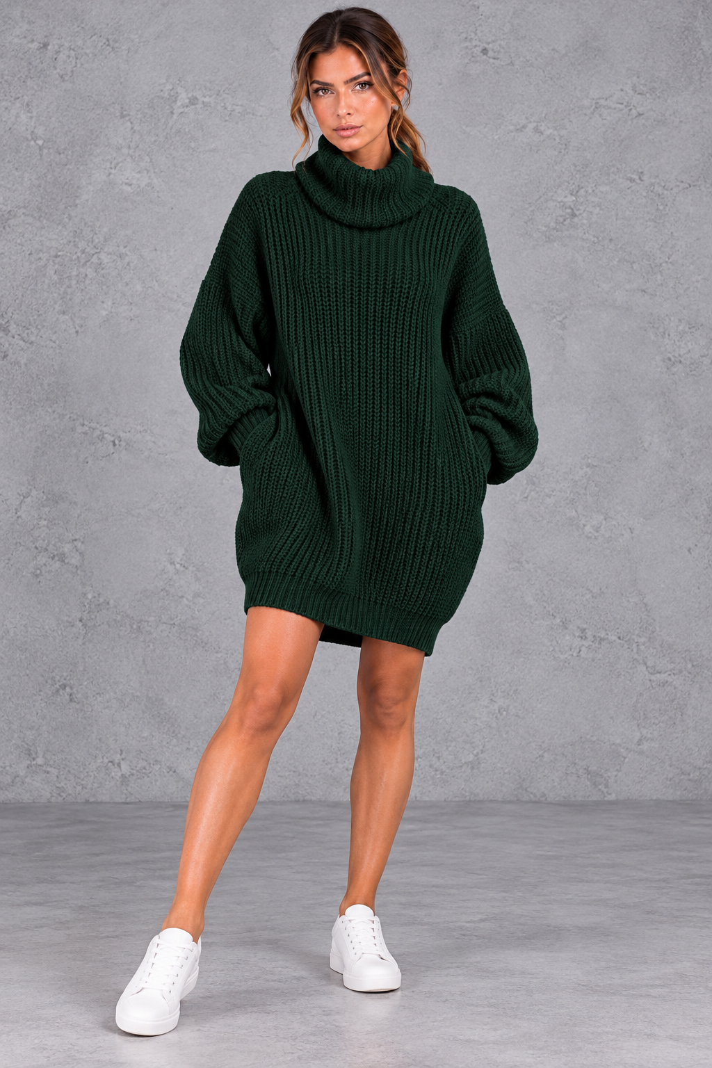 Women's Oversized Turtleneck Sweater Dress – Long Sleeve Distressed Knit