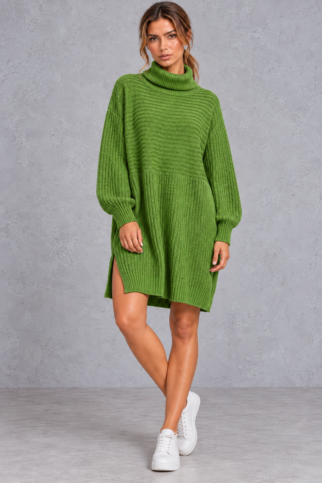Women's plus size chunky ribbed turtleneck sweater dress, front view