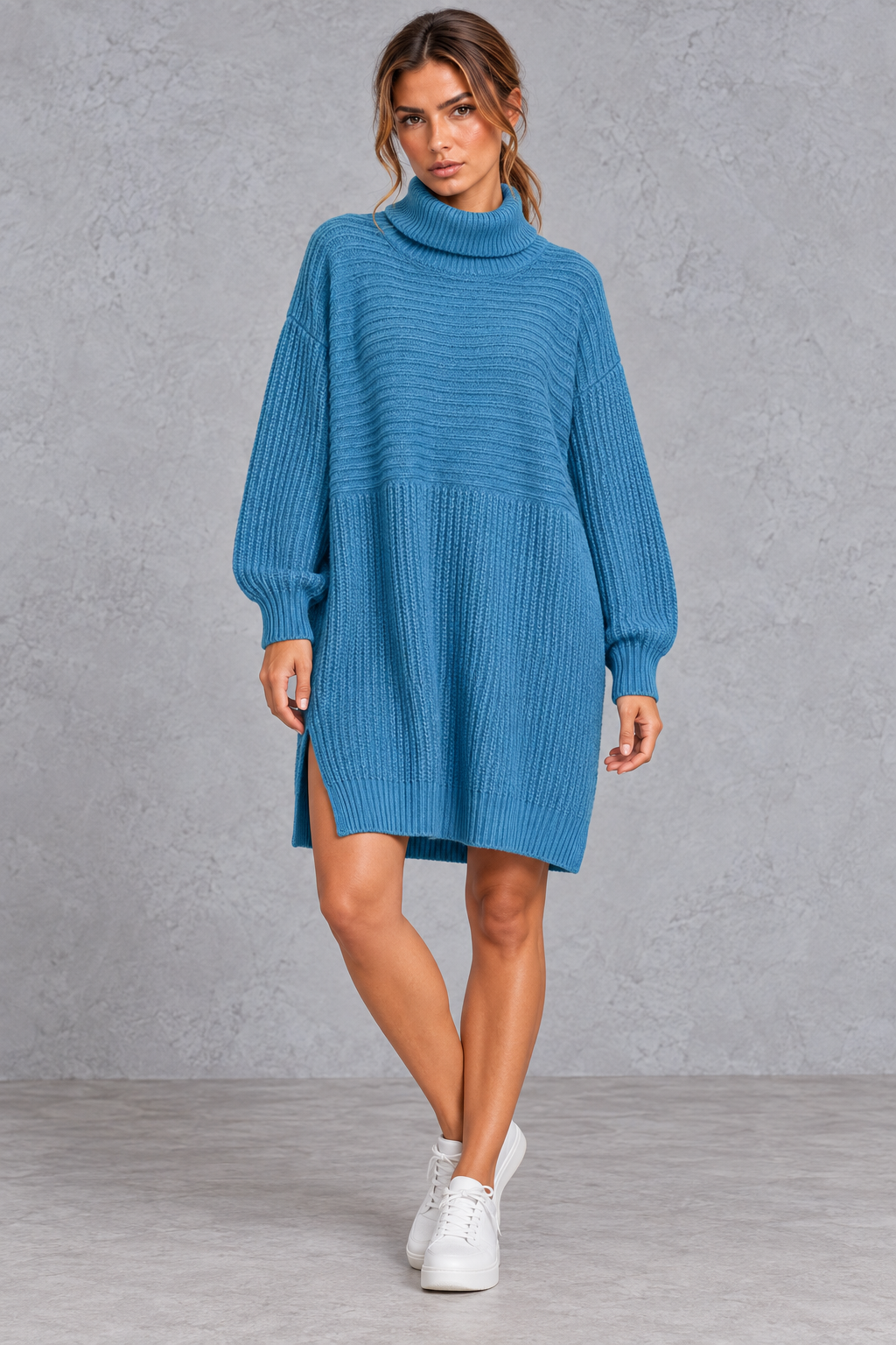 Women's plus size chunky knit dress shown in a bright seasonal color