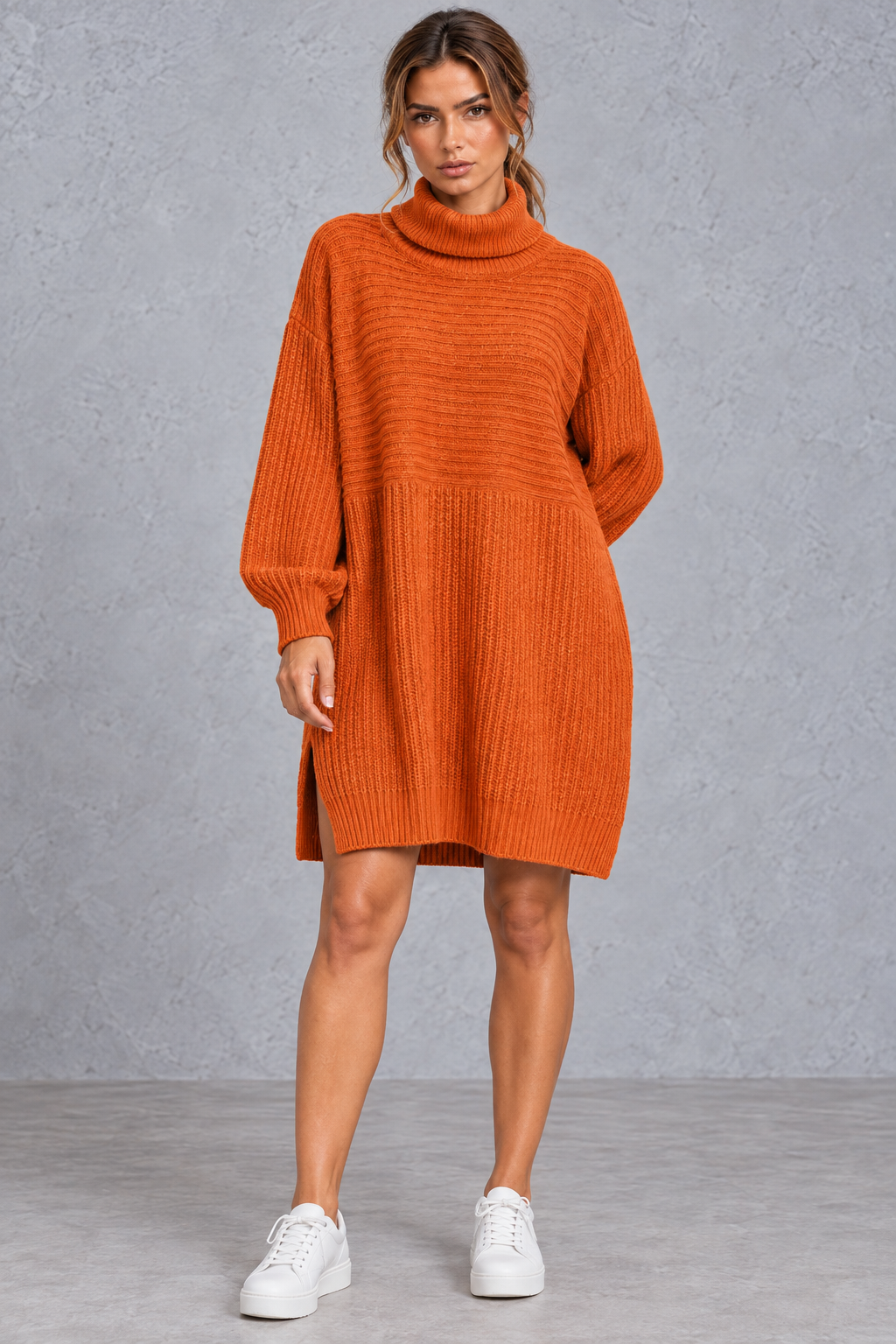 Women's plus size turtleneck sweater dress shown in a deep jewel tone