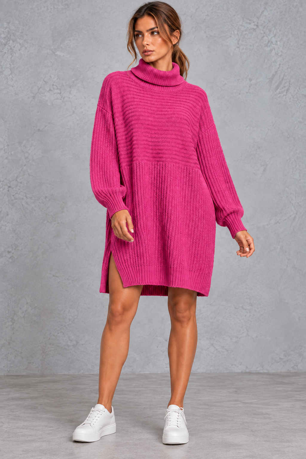 Women's plus size ribbed knit mini dress shown in a soft pastel color