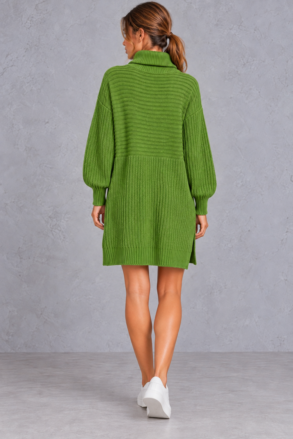 Back view of a women's plus size long sleeve turtleneck sweater dress