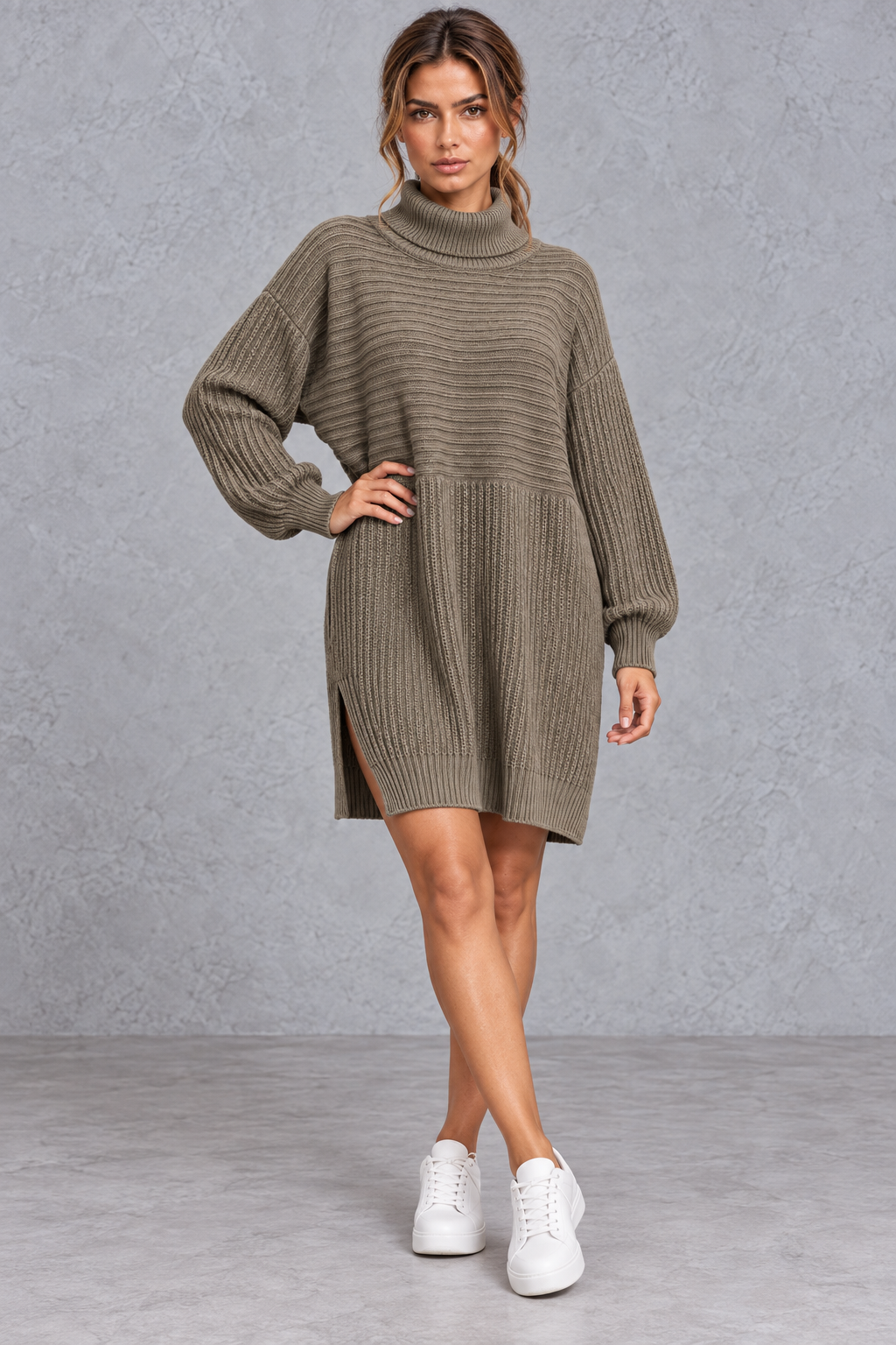 Turtleneck detail on a women's plus size ribbed knit dress