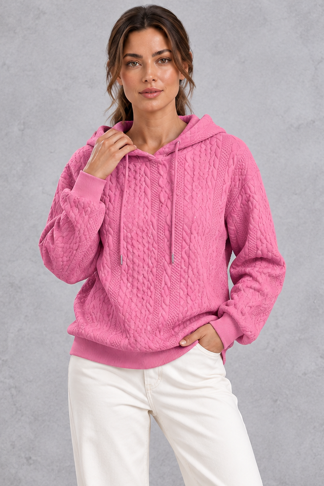 Back view of relaxed plus size cable knit hoodie