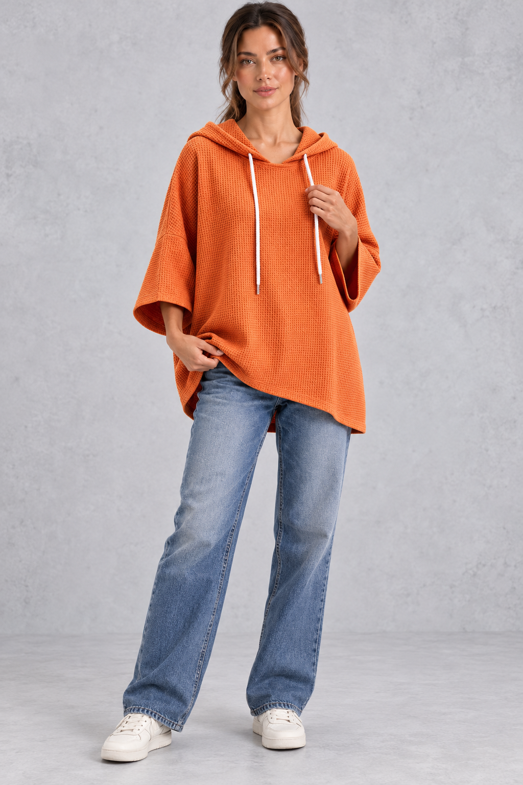 Plus size waffle knit hoodie in black