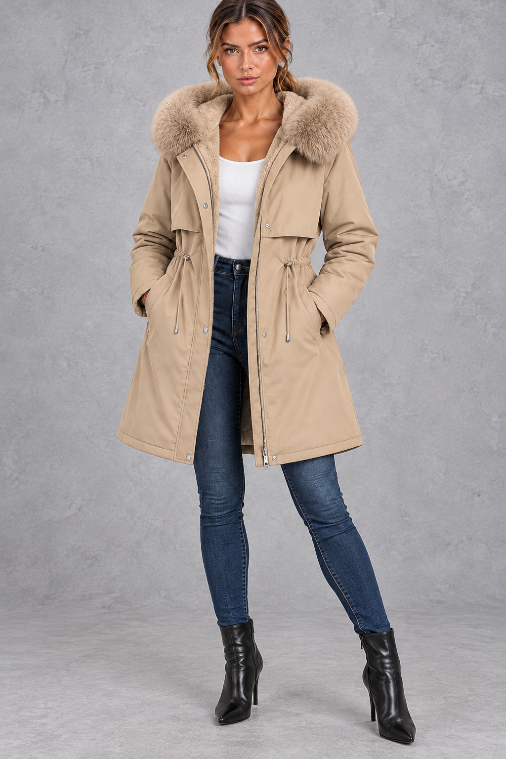 Women's Plush-Lined Hooded Parka – Beige