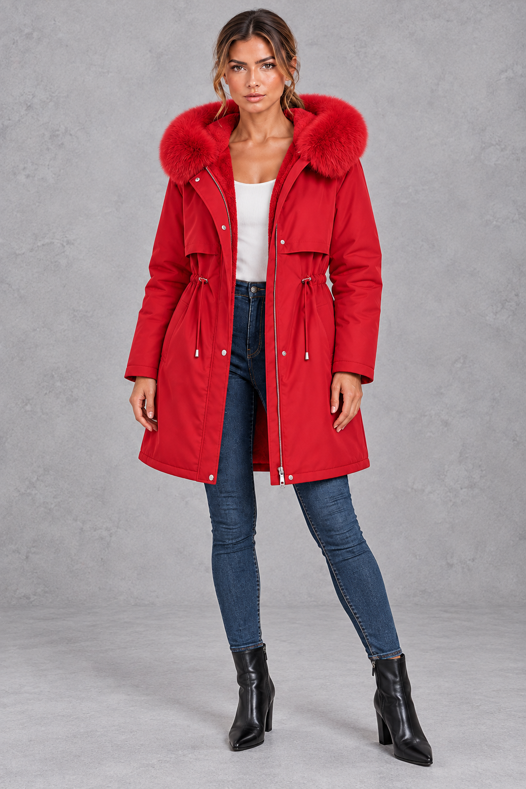 Women's Plush-Lined Hooded Parka – Red