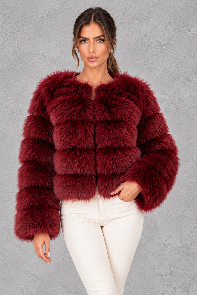 Women's cropped plush faux fur jacket, front view