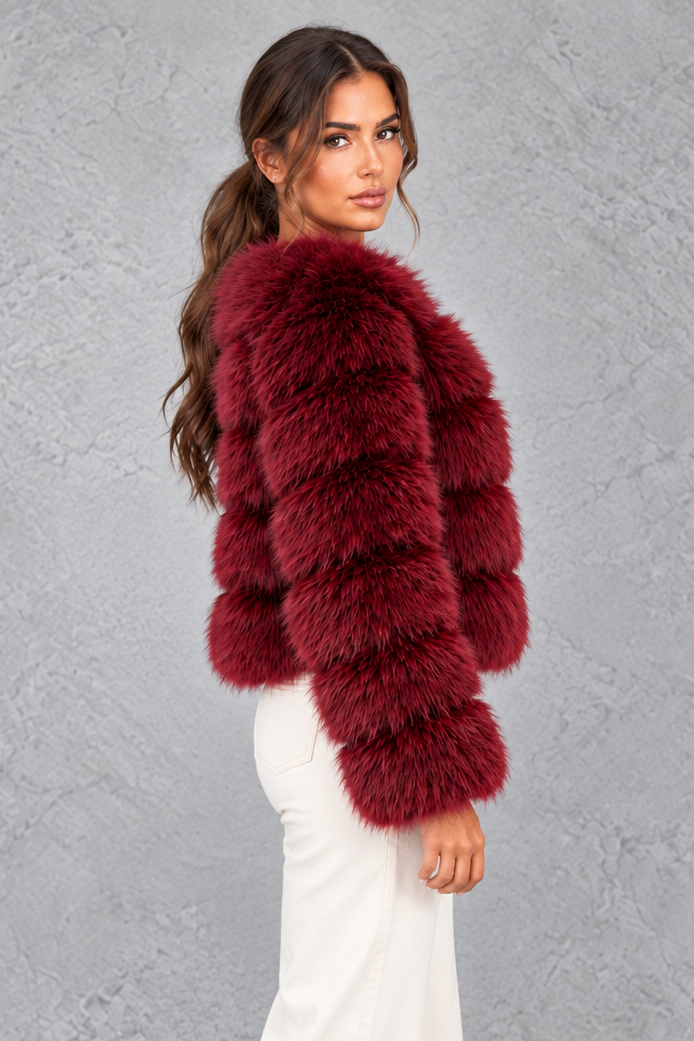 Back view of cropped fluffy faux fur jacket