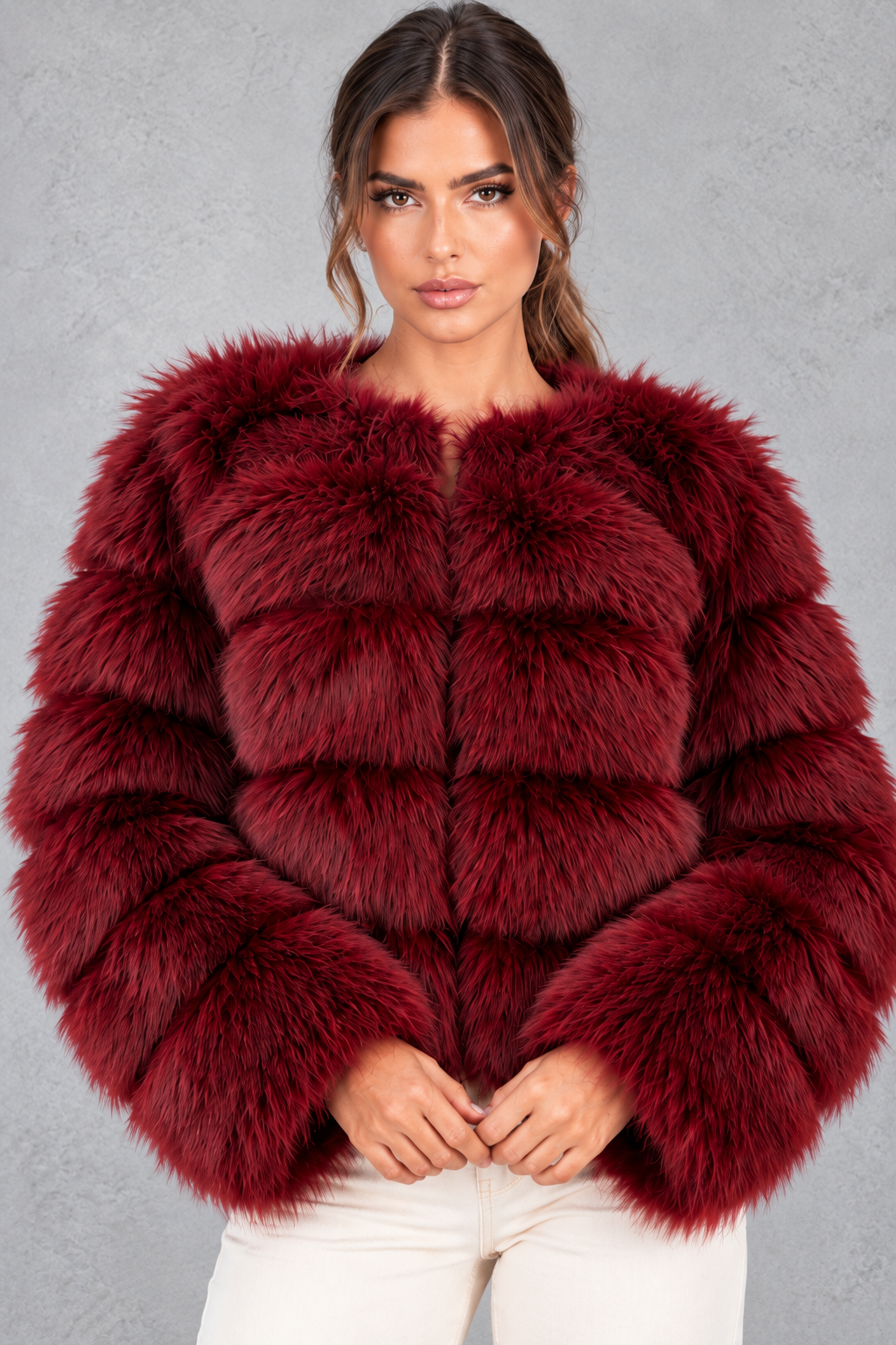 Close-up of dense faux fur texture and round neckline