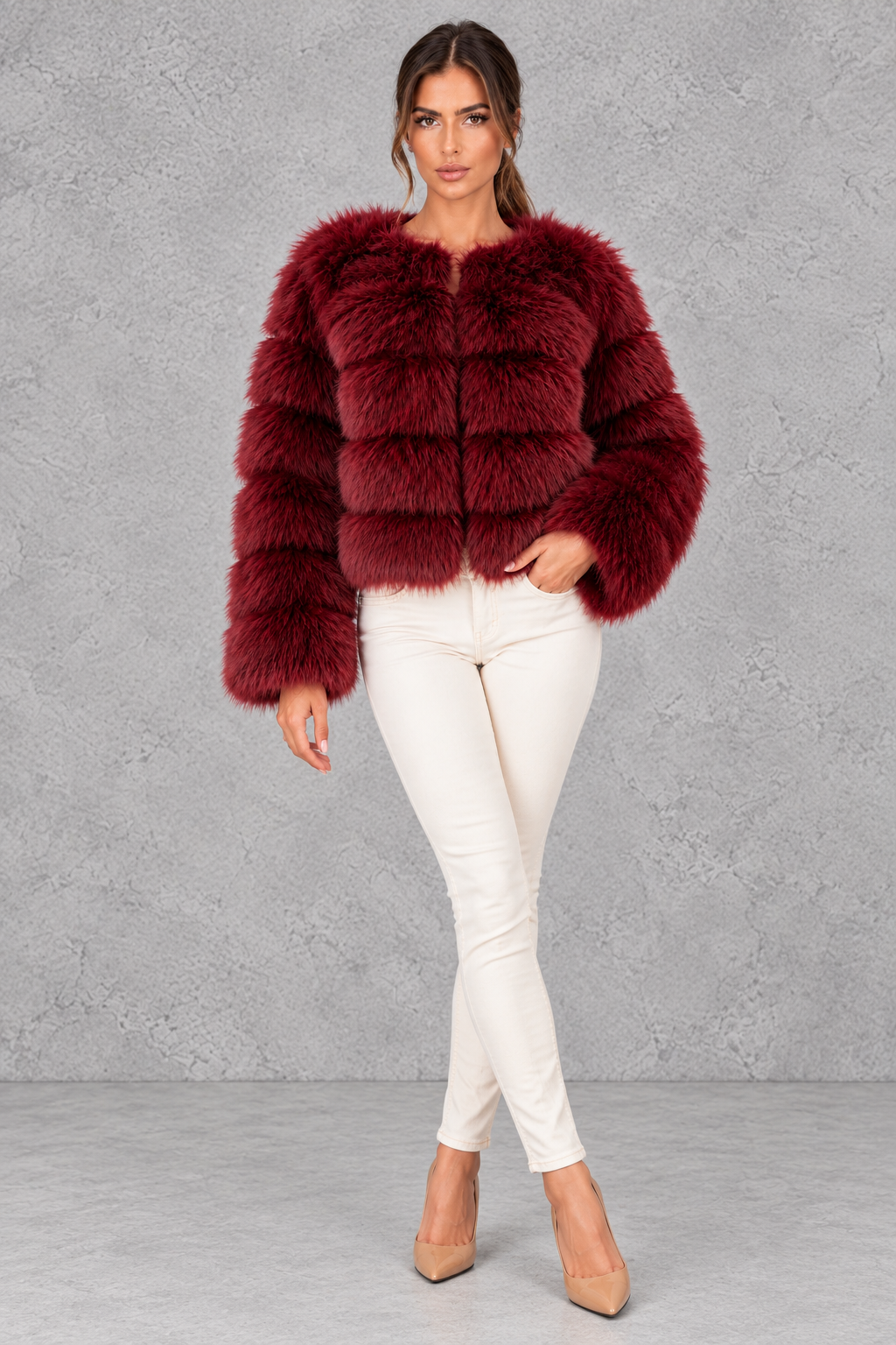 Cropped faux fur jacket shown in red