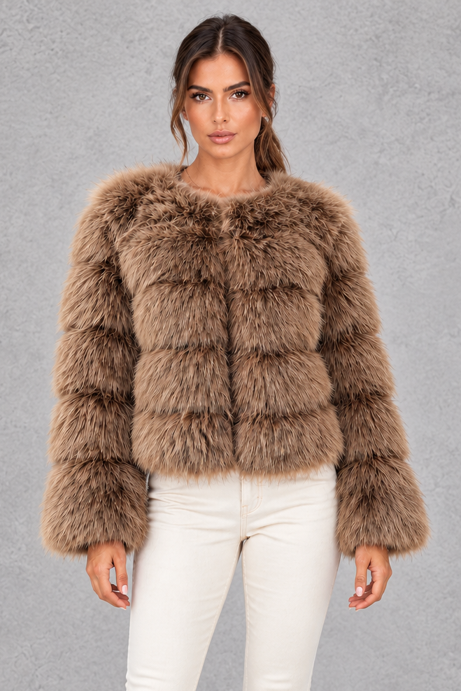 Cropped faux fur jacket shown in beige