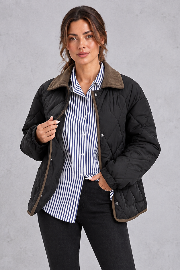 Quilted padded jacket with snap-button front worn open over a sweater