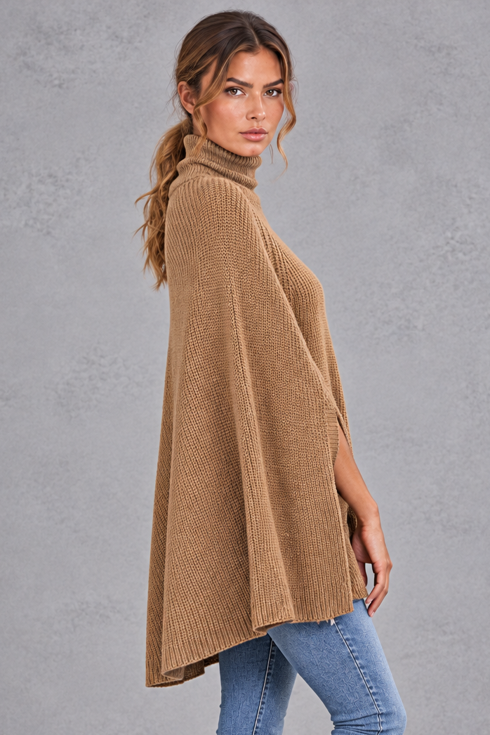 Women's Ribbed Turtleneck Cape Sweater – Camel
