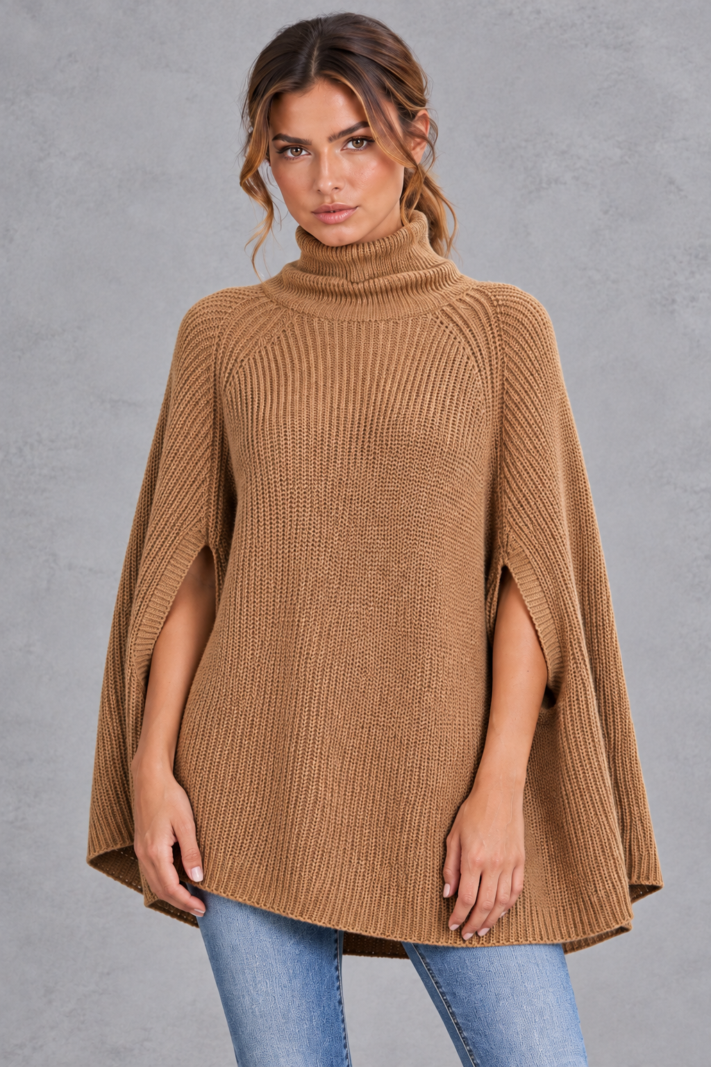 Women's Ribbed Turtleneck Cape Sweater – Camel