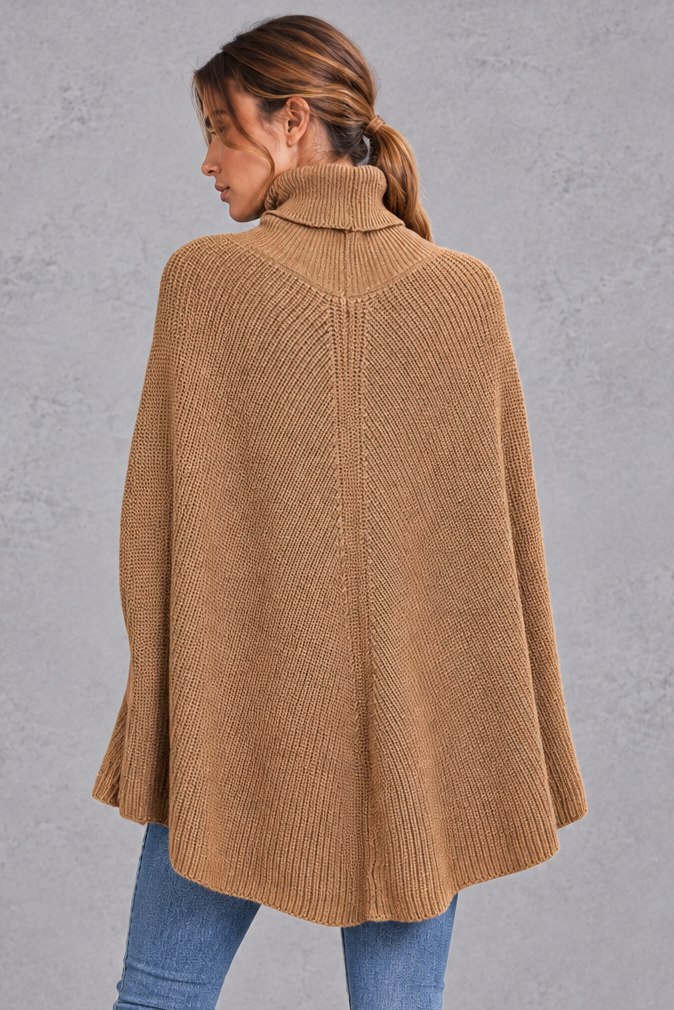 Women's Ribbed Turtleneck Cape Sweater – Camel