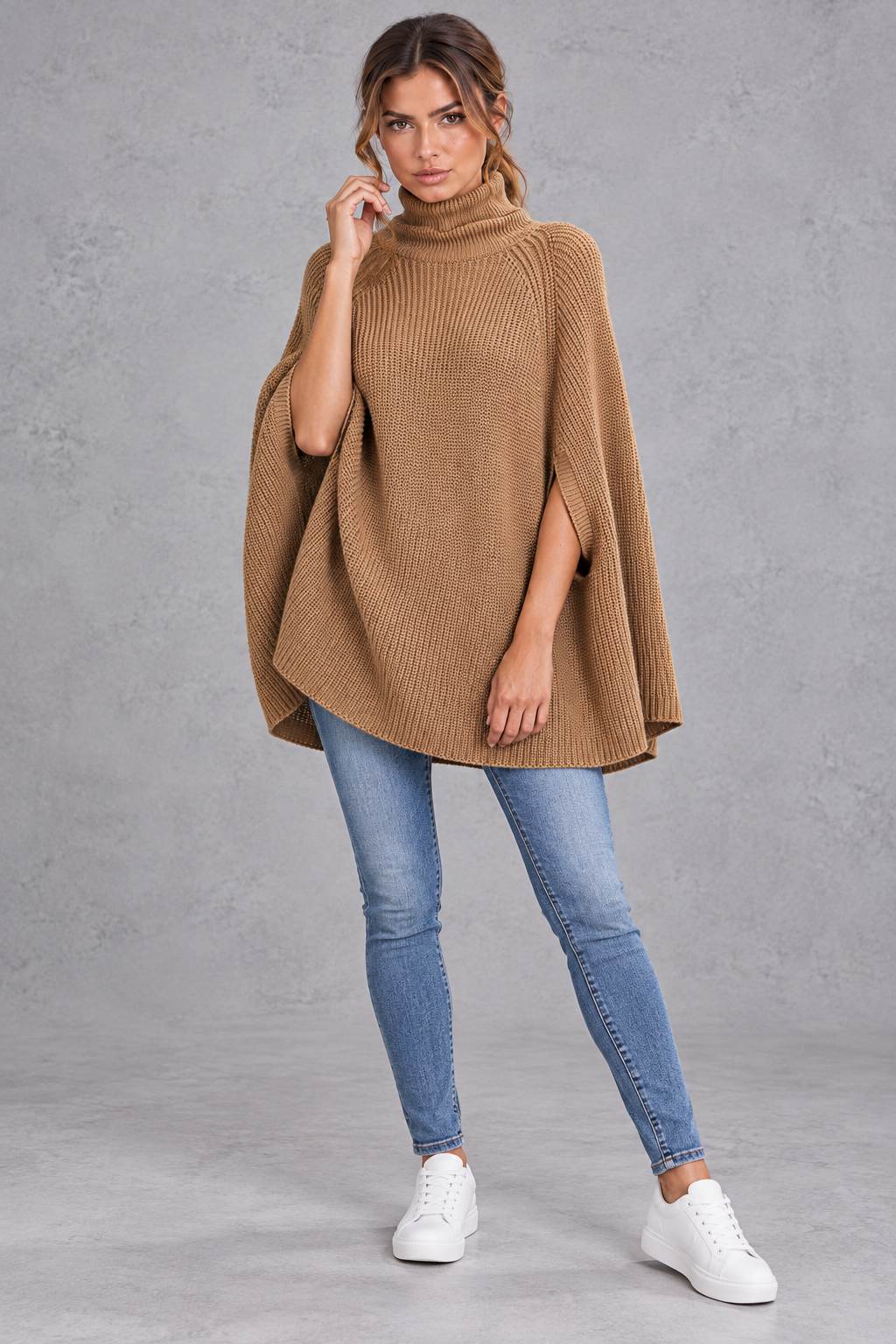 Women's Ribbed Turtleneck Cape Sweater – Camel
