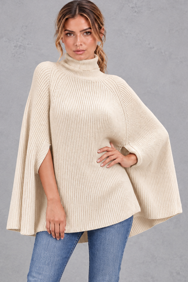 Women's Ribbed Turtleneck Cape Sweater – Cream
