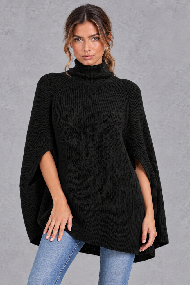 Women's Ribbed Turtleneck Cape Sweater – Black