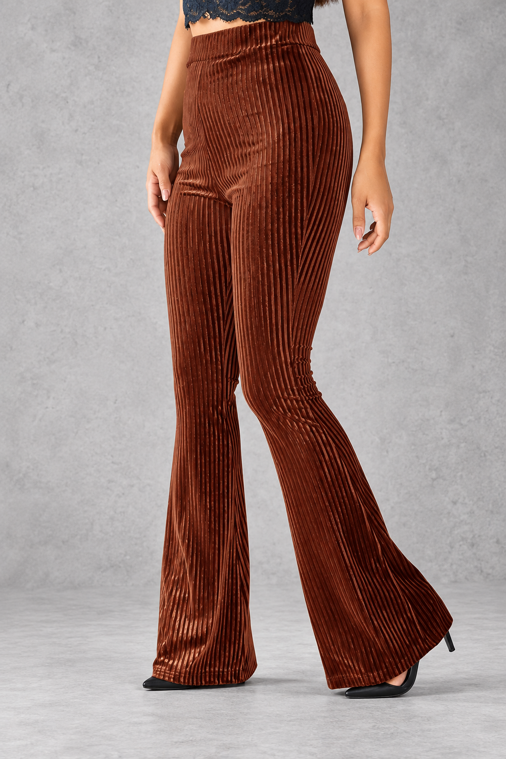 Women's Velvet-Look Flared Pants – Brown
