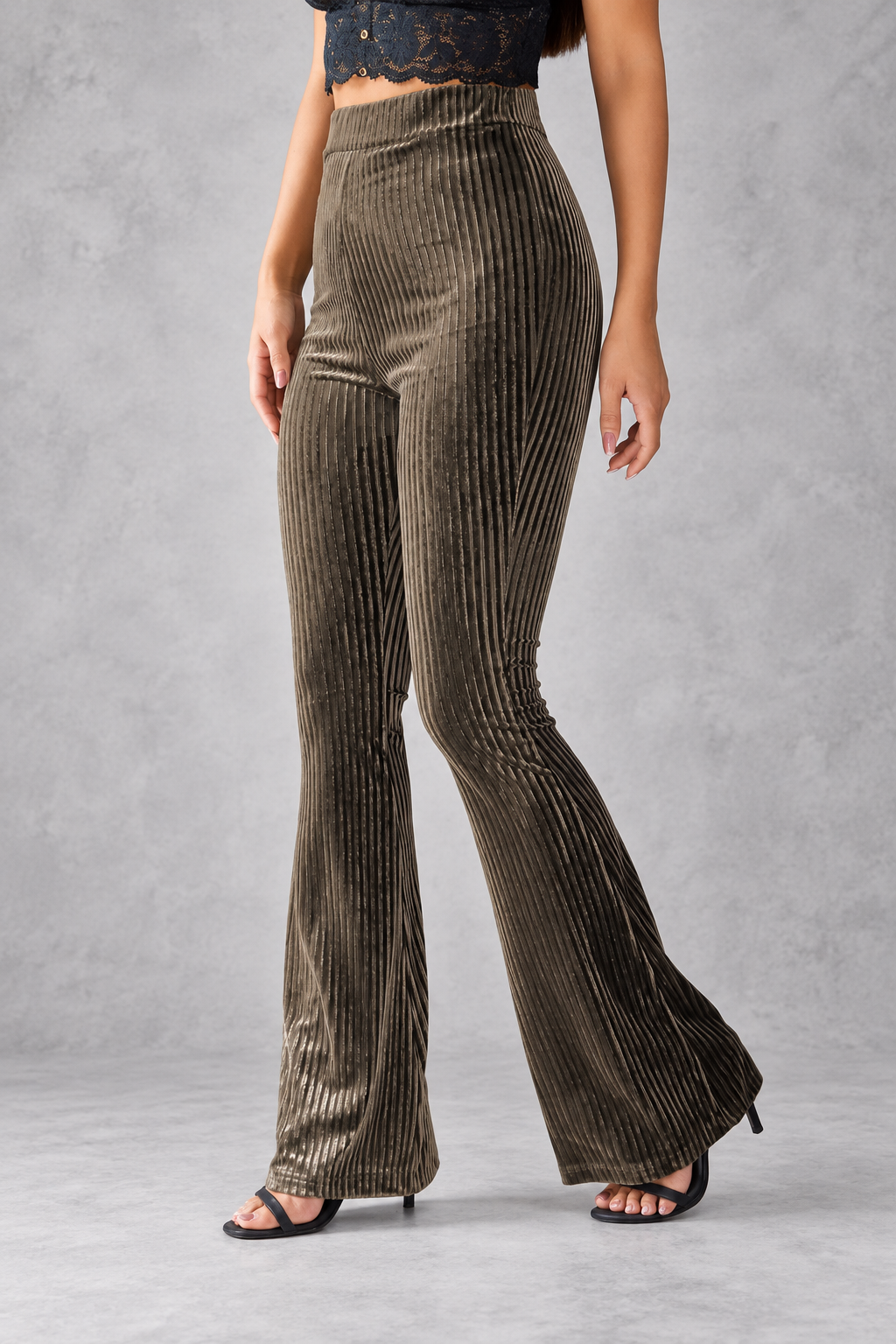 Women's Velvet-Look Flared Pants – Army Green