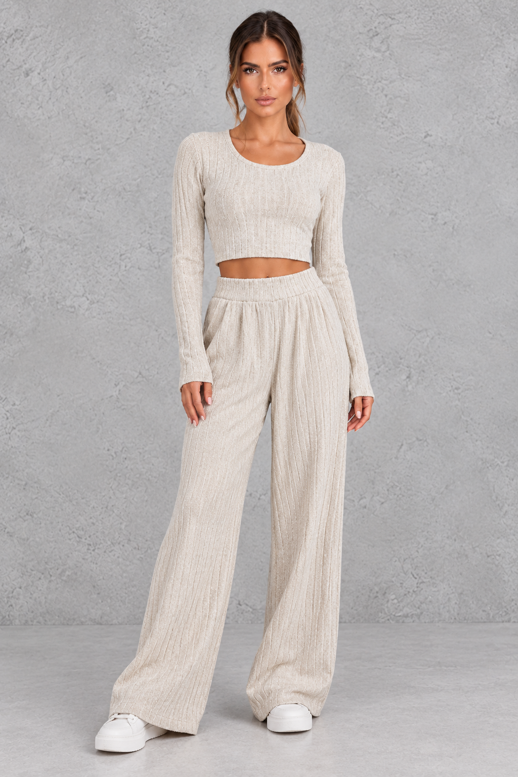 Women's ribbed knit long sleeve crop top and wide leg pants set, front view