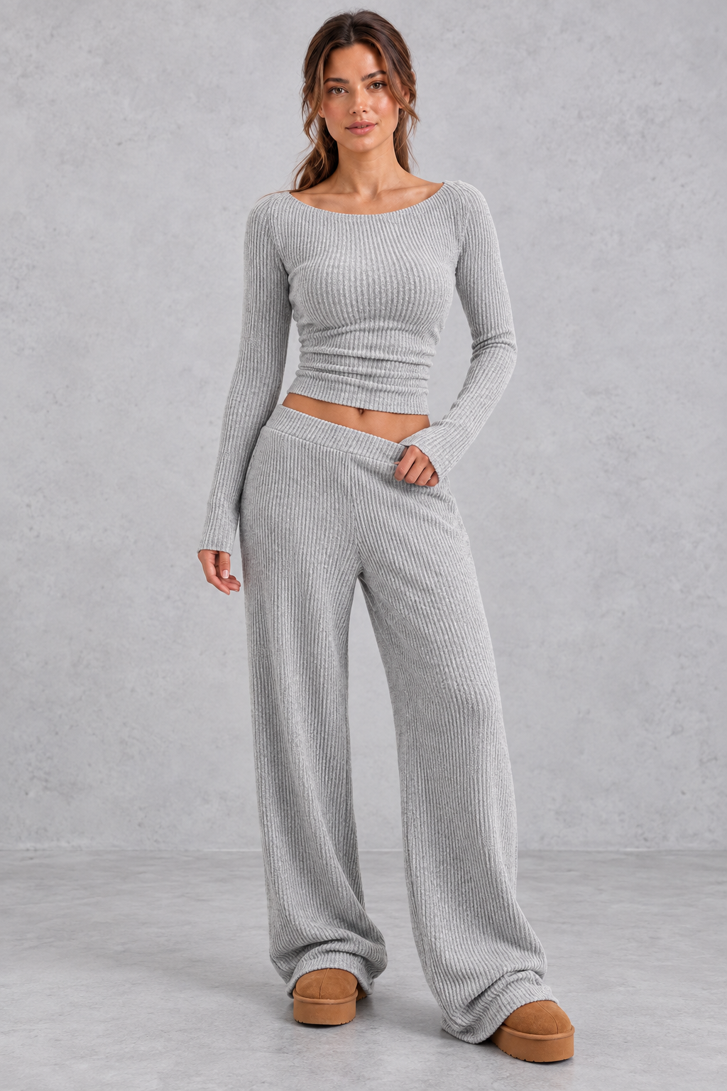 Women's ribbed knit long sleeve crop top and wide leg pants set, front view