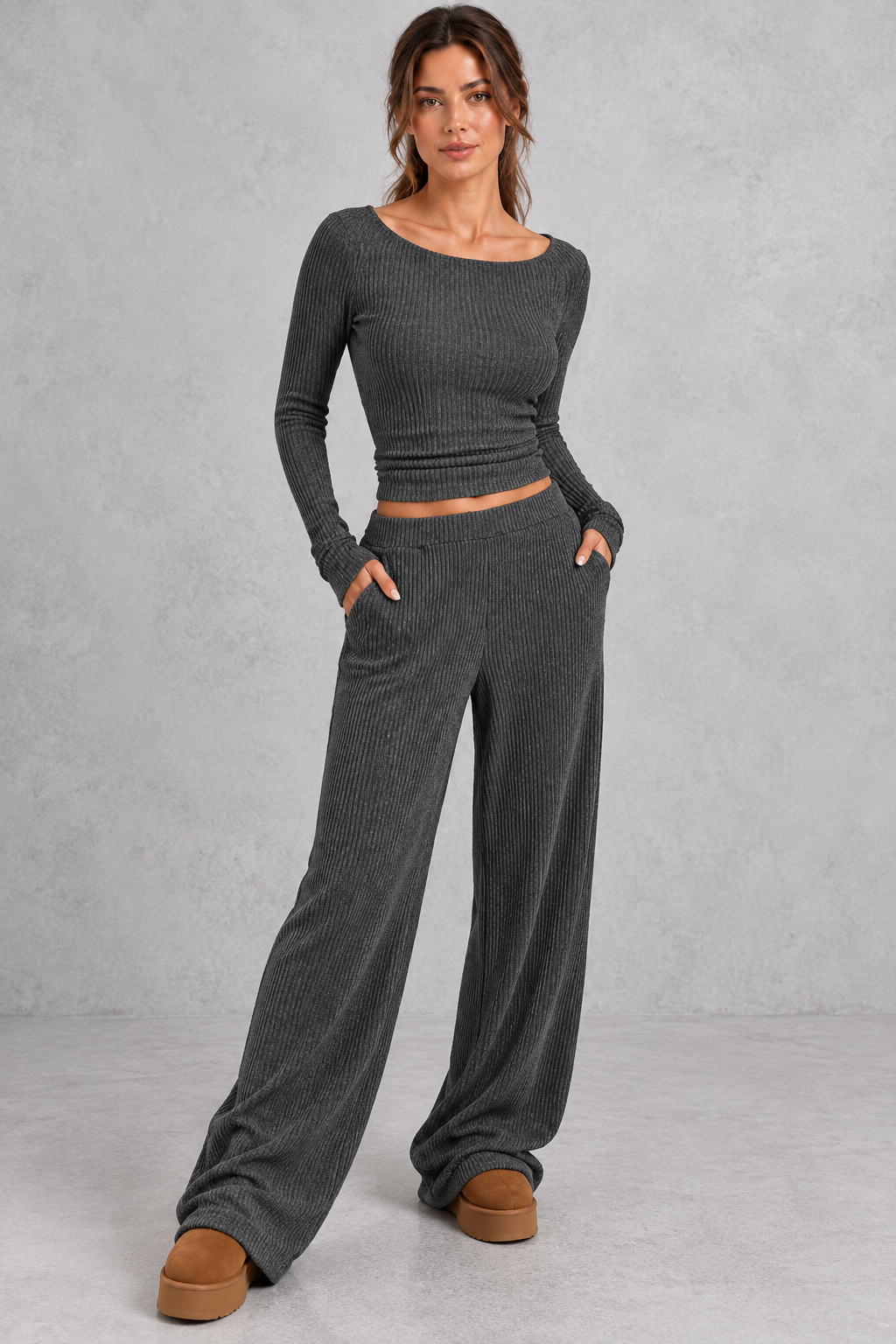 Full-length view of the crop top and wide leg pants silhouette