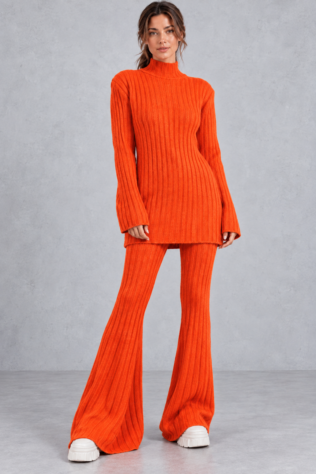 Women's Ribbed Turtleneck & Flared Pants Set – Orange