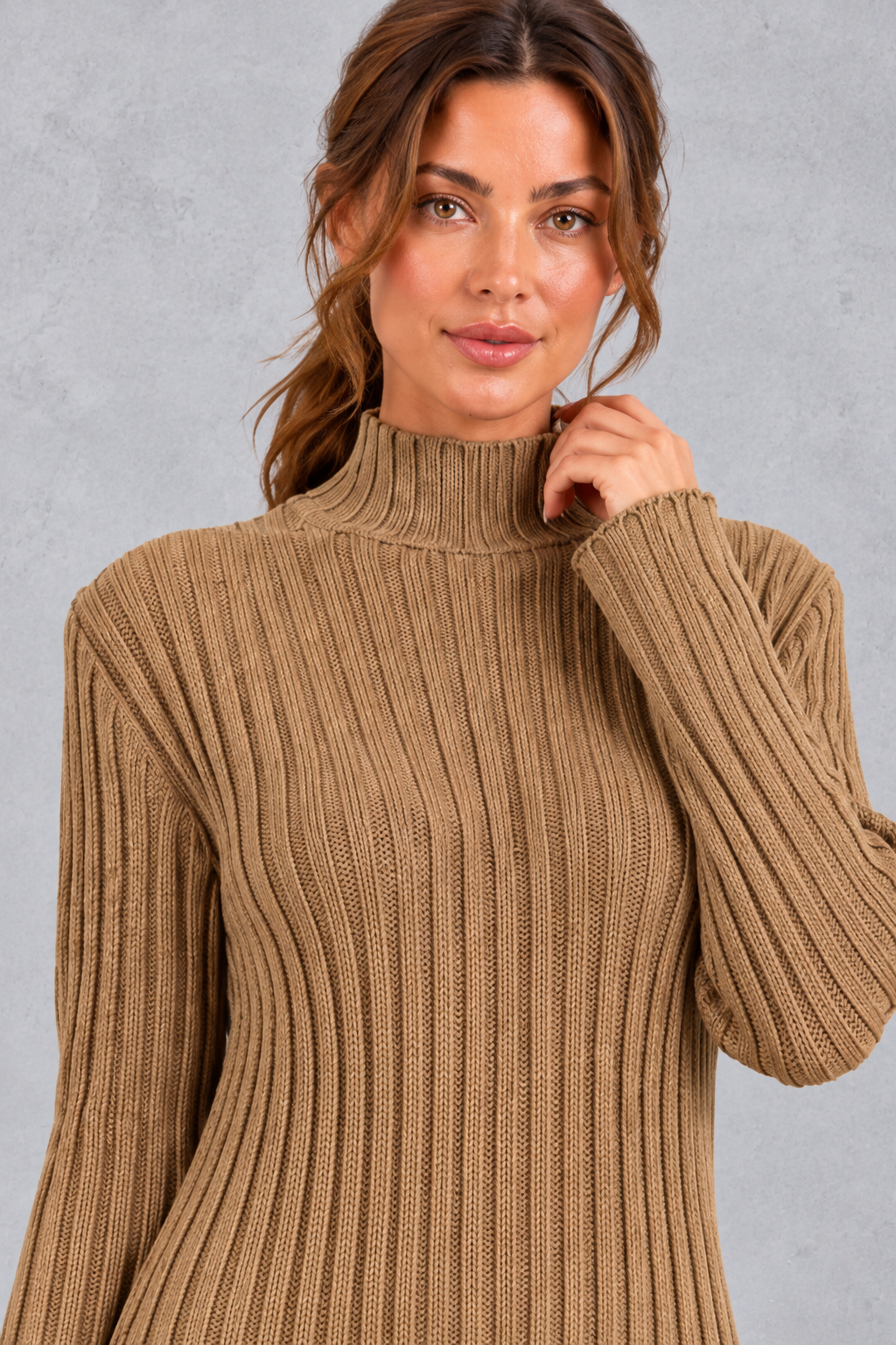 Women's Ribbed Turtleneck & Flared Pants Set – Brown