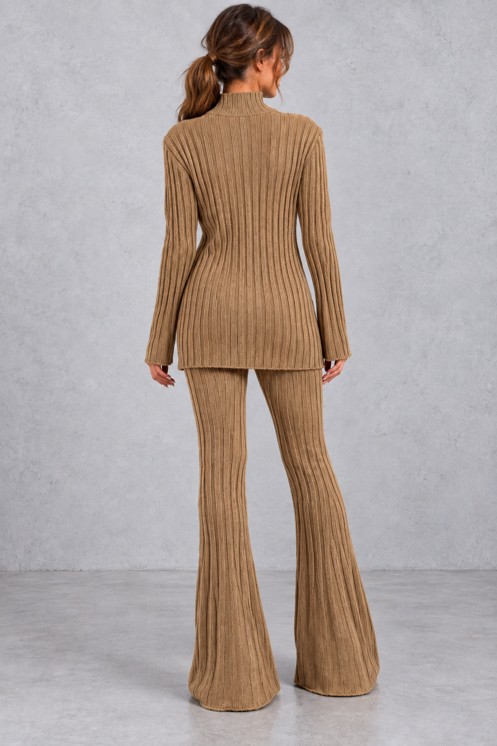 Women's Ribbed Turtleneck & Flared Pants Set – Brown