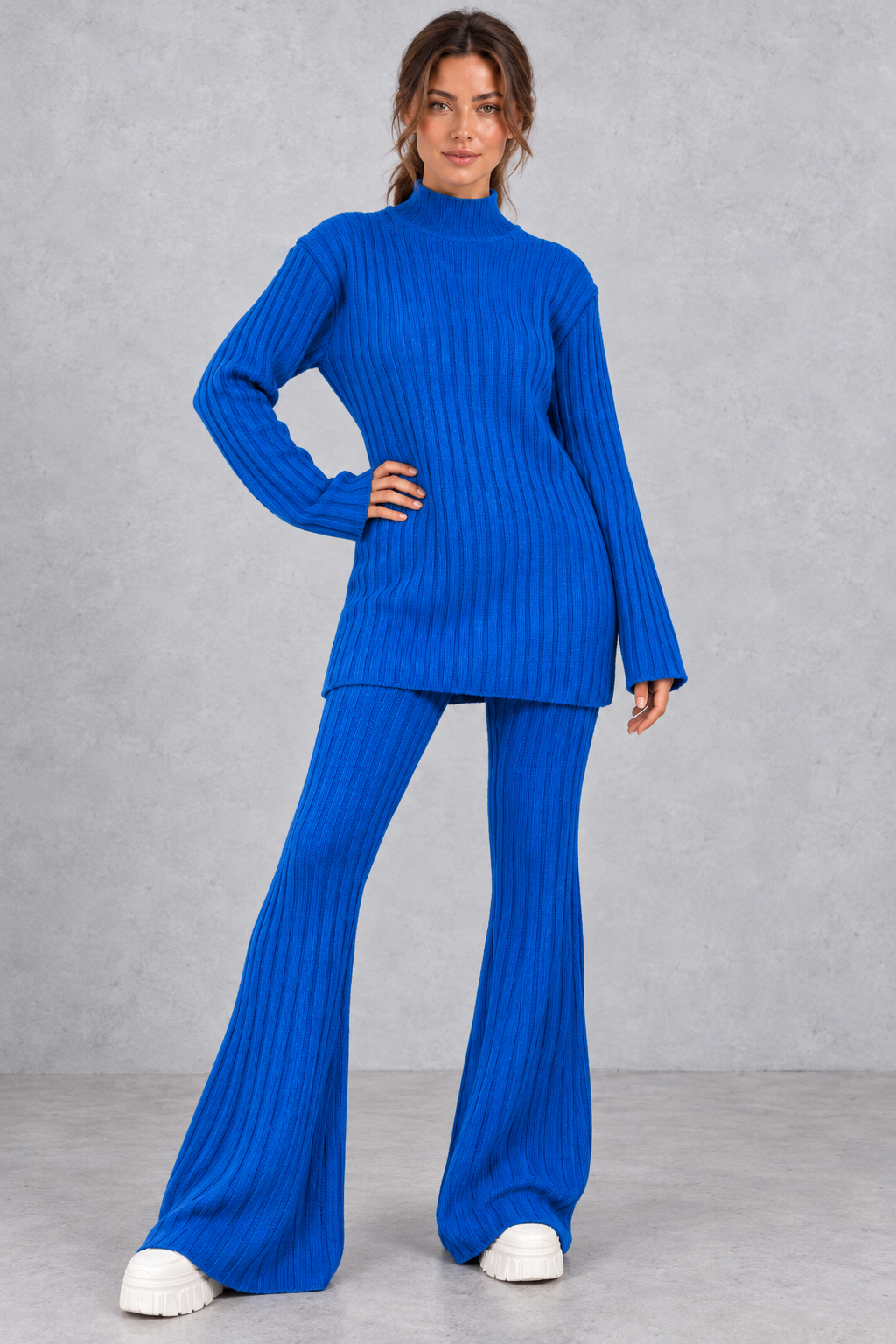 Women's Ribbed Turtleneck & Flared Pants Set – Blue