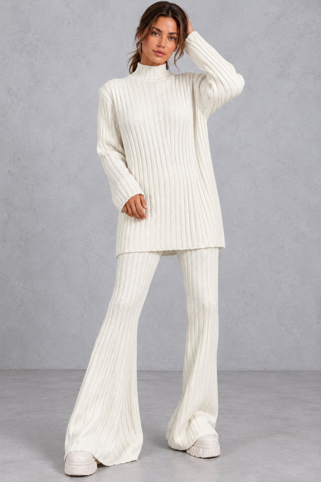Women's Ribbed Turtleneck & Flared Pants Set – Cream