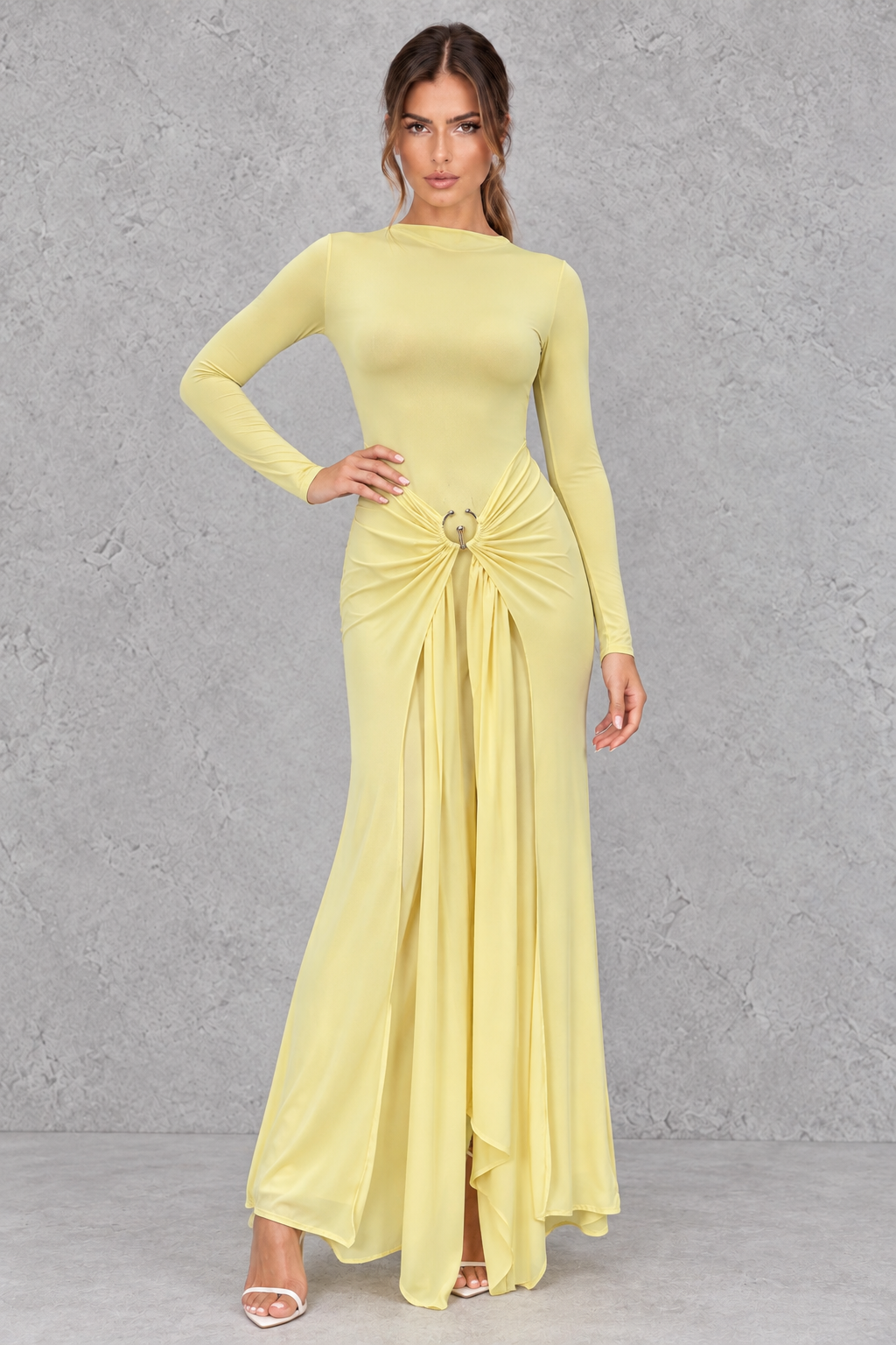 Women's Ruched Long Sleeve Bodycon Maxi Formal Dress - Evening Gown