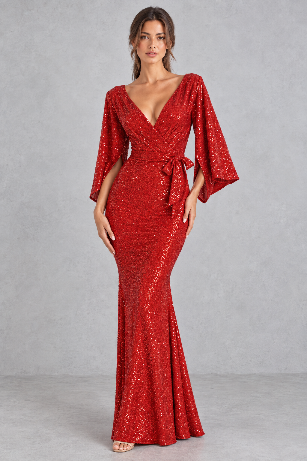 Woman wearing a red sequin high waist V-neck dress with split, ideal for New Year's Eve parties.