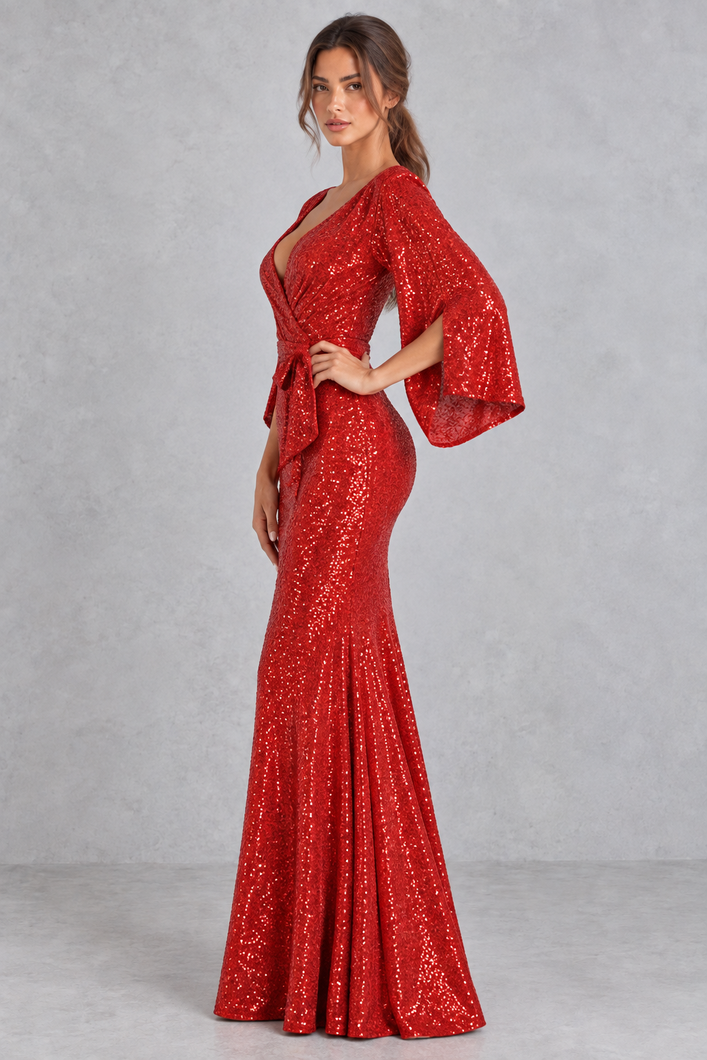 Front view of a red sequin A-line dress with long raglan sleeves for holiday parties.
