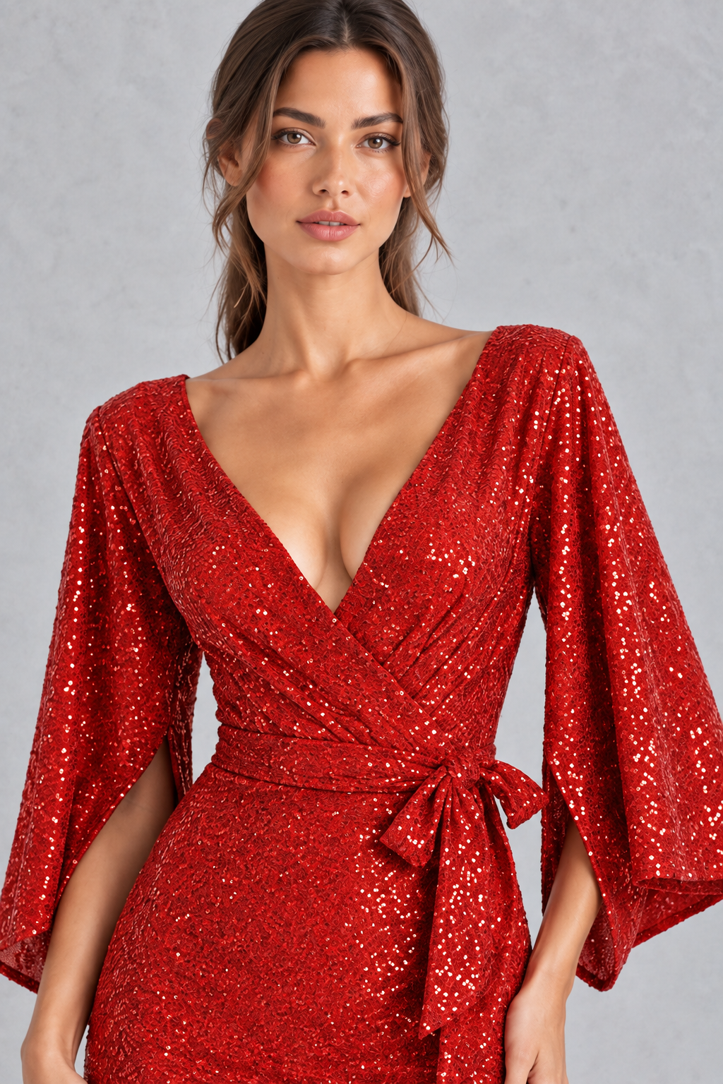 Model showing the split detail on a red sequin evening dress, styled for a cocktail event.