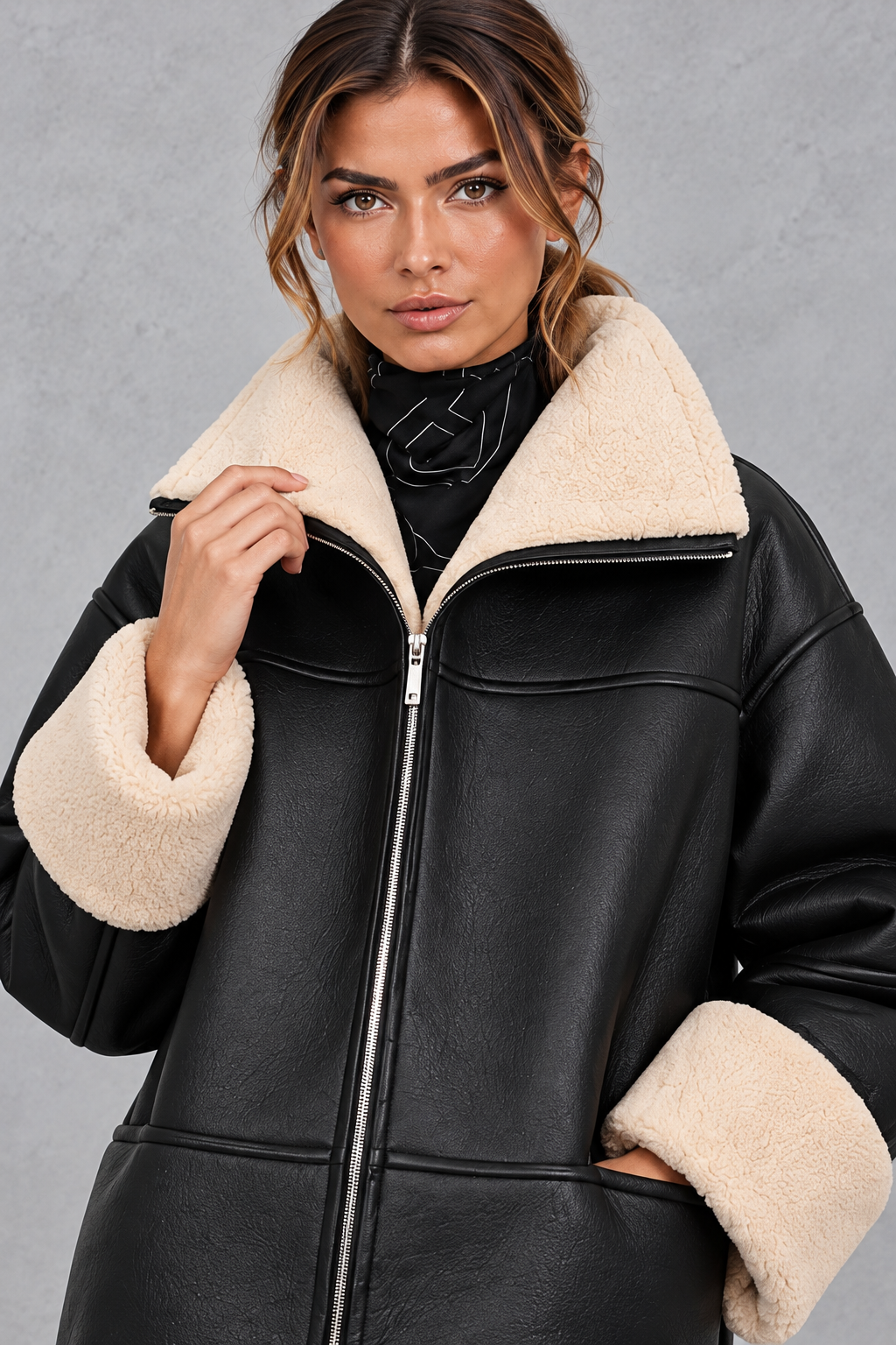 Women's Shearling-Lined Faux Leather Coat – Black