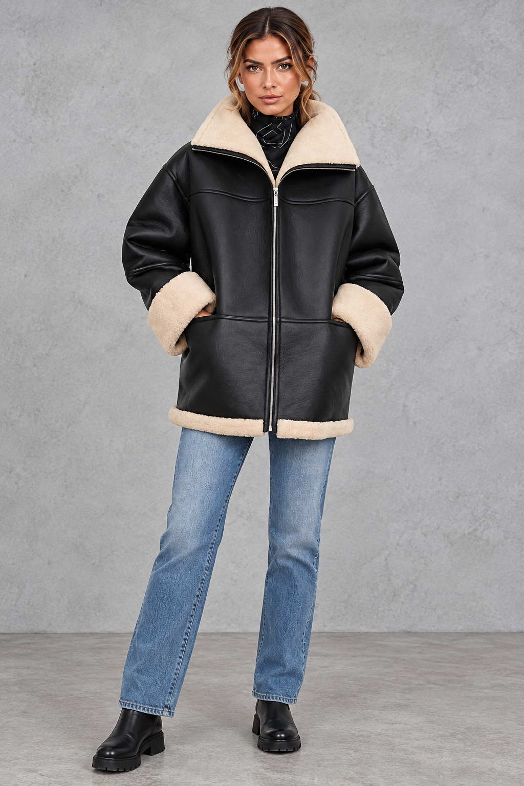 Women's Shearling-Lined Faux Leather Coat – Black