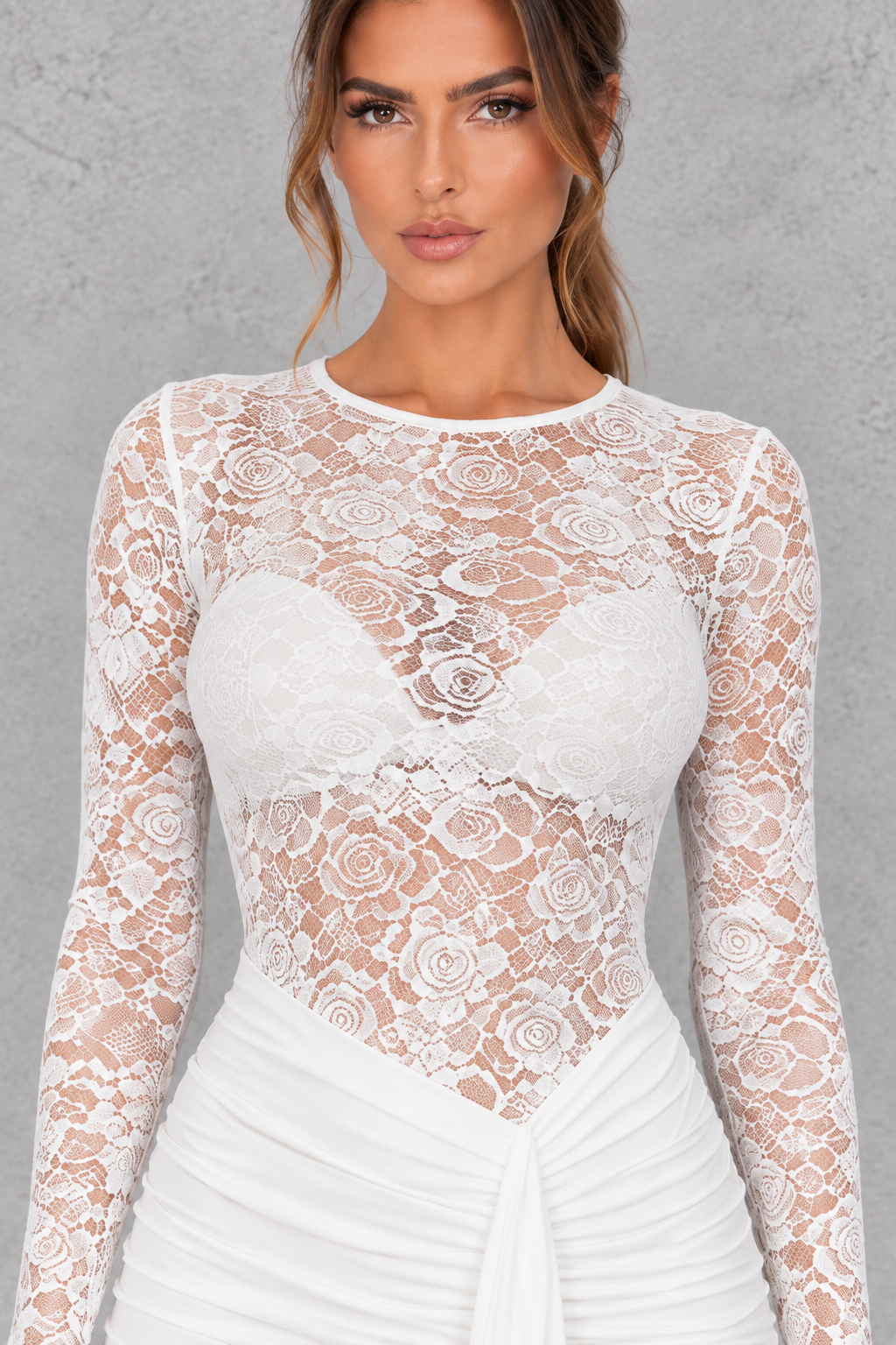 Front view of a white round neck lace bodycon dress for cocktail parties.