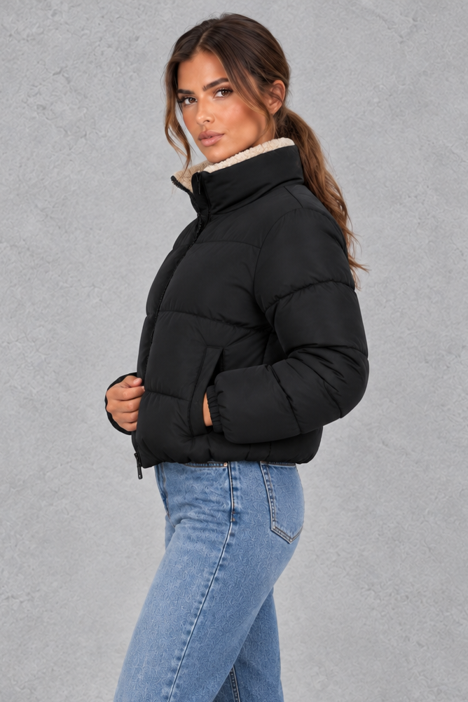 Back view of the short padded puffer jacket