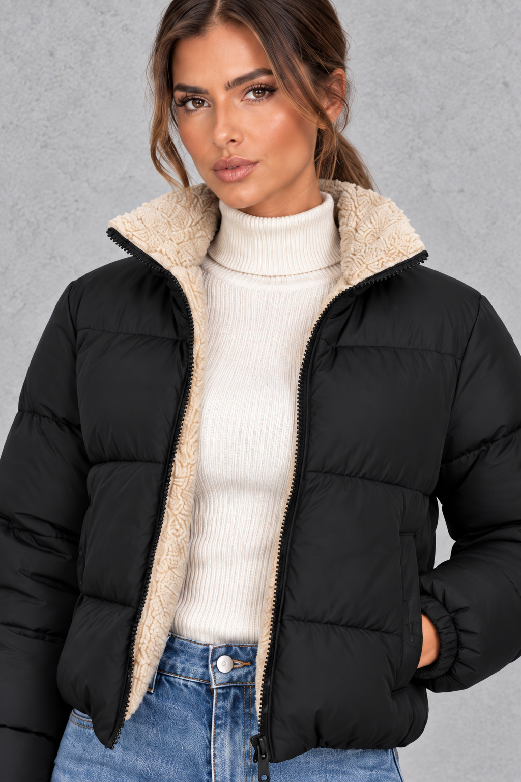 Close-up of the soft sherpa lining at the high neckline