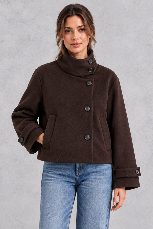 Women's Short Stand Collar Jacket – Chocolate Brown