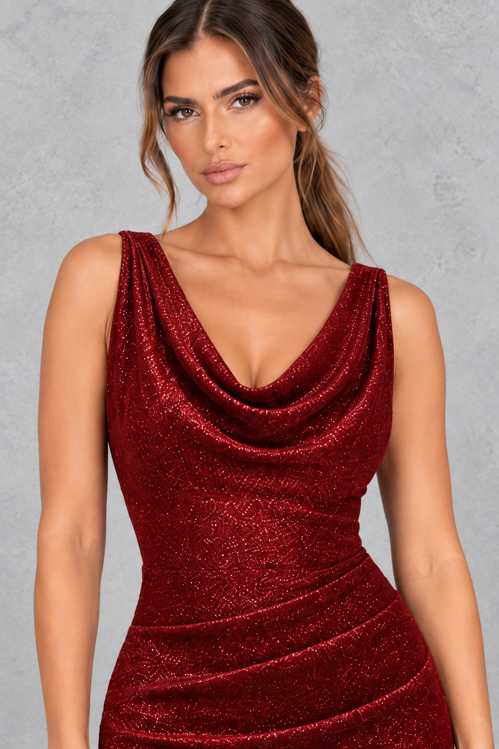 Close-up of the sparkling knit fabric on a women's sleeveless maxi dress.
