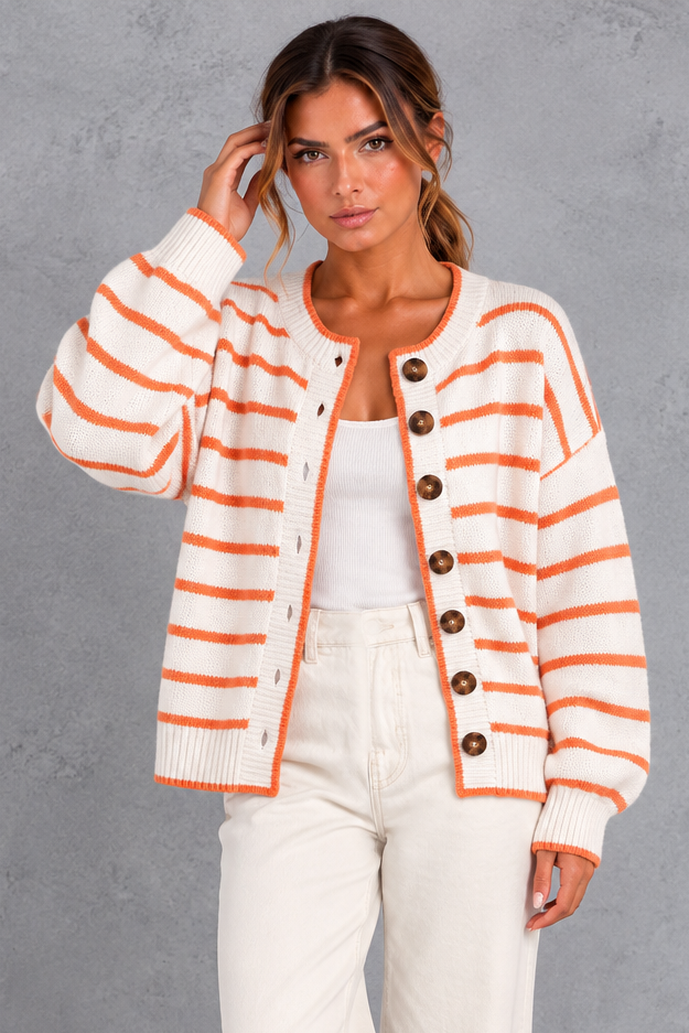 Women's striped button up knit cardigan, front view