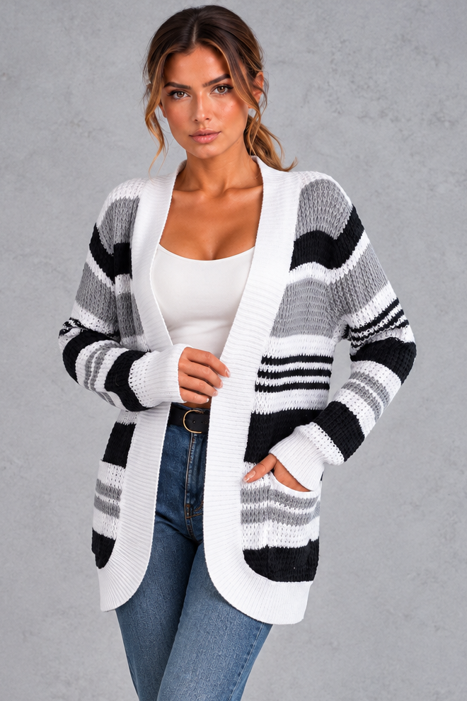 Women's Striped Open Front Cardigan – Gray