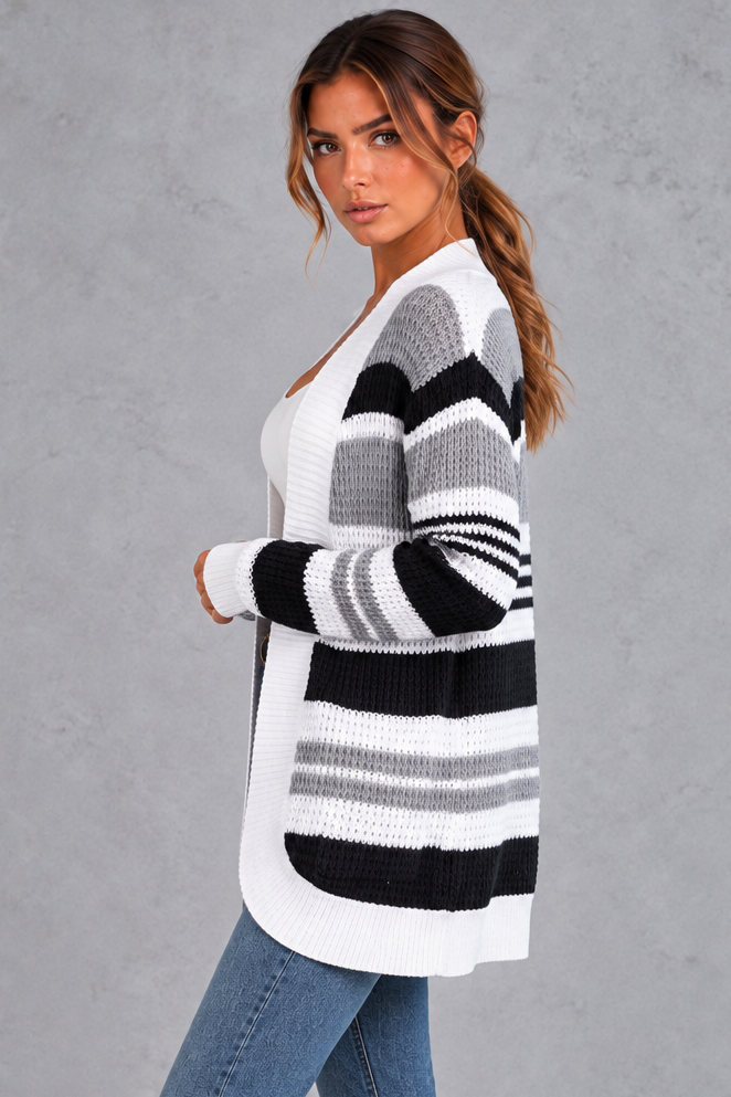 Women's Striped Open Front Cardigan – Gray