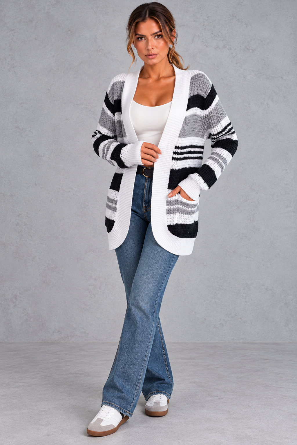 Women's Striped Open Front Cardigan – Gray