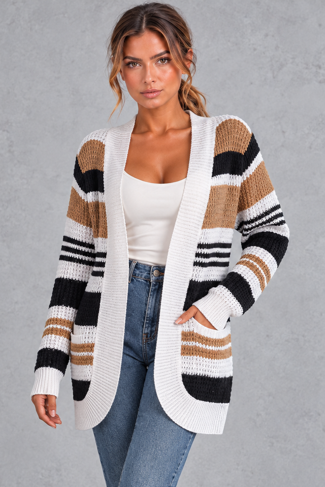 Women's Striped Open Front Cardigan – Camel
