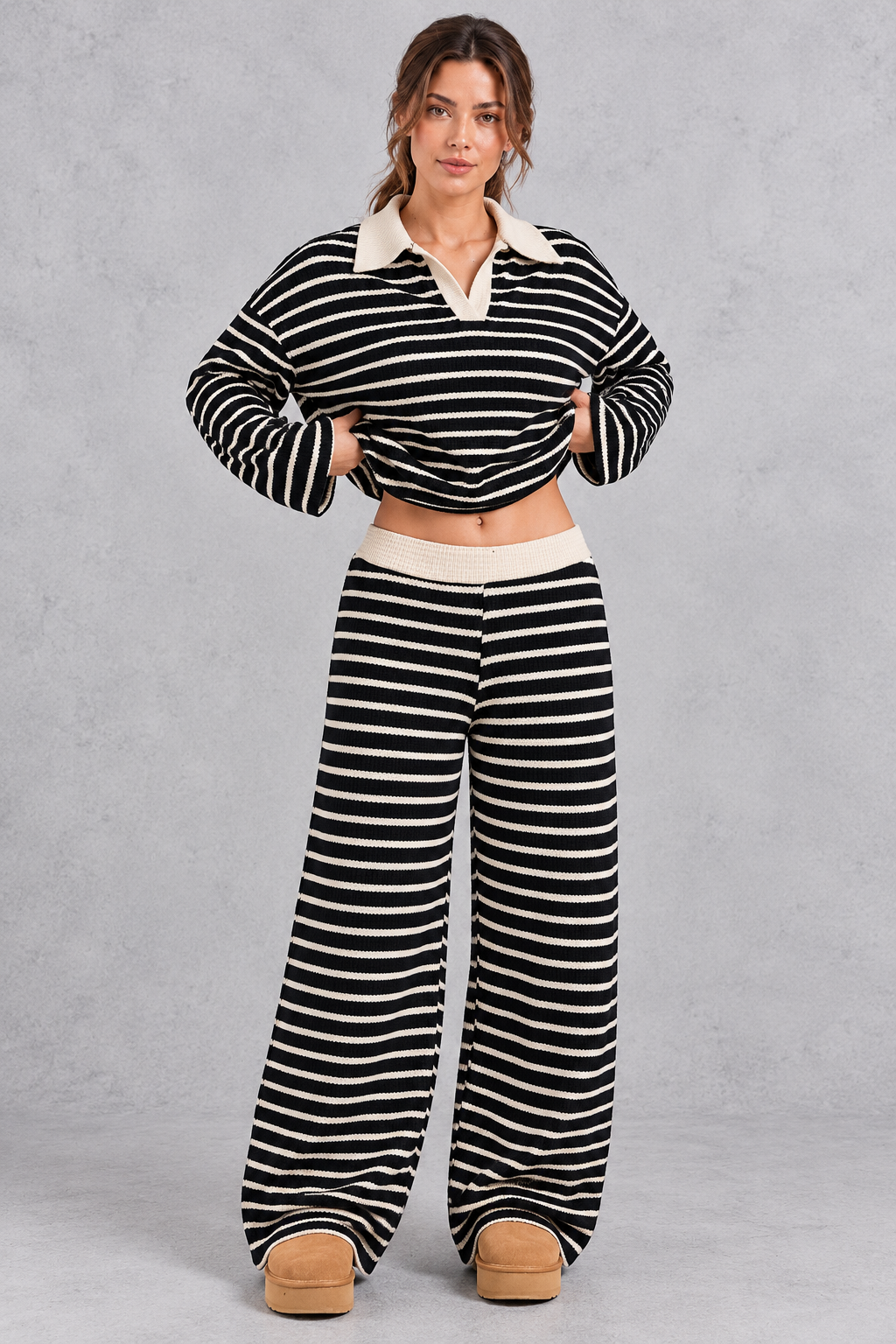 Striped knit two-piece set shown in an alternate color
